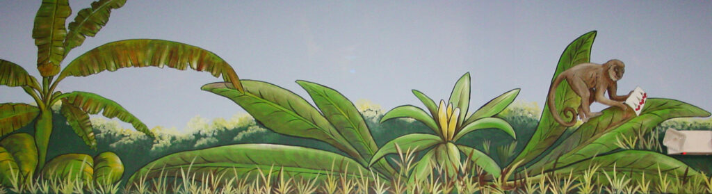Photo of a tropically inspired mural, painted in a cartoon style, in a gaming establishment in Sarasota, FL