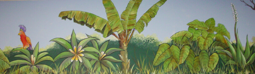 Photo of a tropically inspired mural, painted in a cartoon style, in a gaming establishment in Sarasota, FL