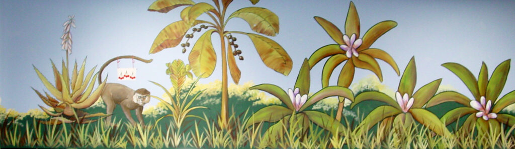 Photo of a tropically inspired mural, painted in a cartoon style, in a gaming establishment in Sarasota, FL