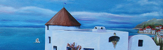 A detail photo of a pool-side mural, painted by Skip Dyrda, depicting a scene in Greece, like Santorini.