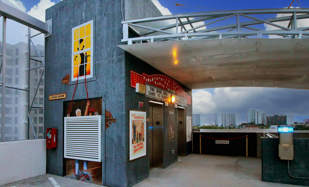 Photo of a mural I painted on the top floor of the Palm Ave Parking Garage in Sarasota Fl that showcased the Players Theater