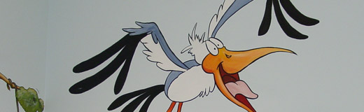 A detail photo of one piece of several images that I painted in a child's bedroom. This image shows a stork.