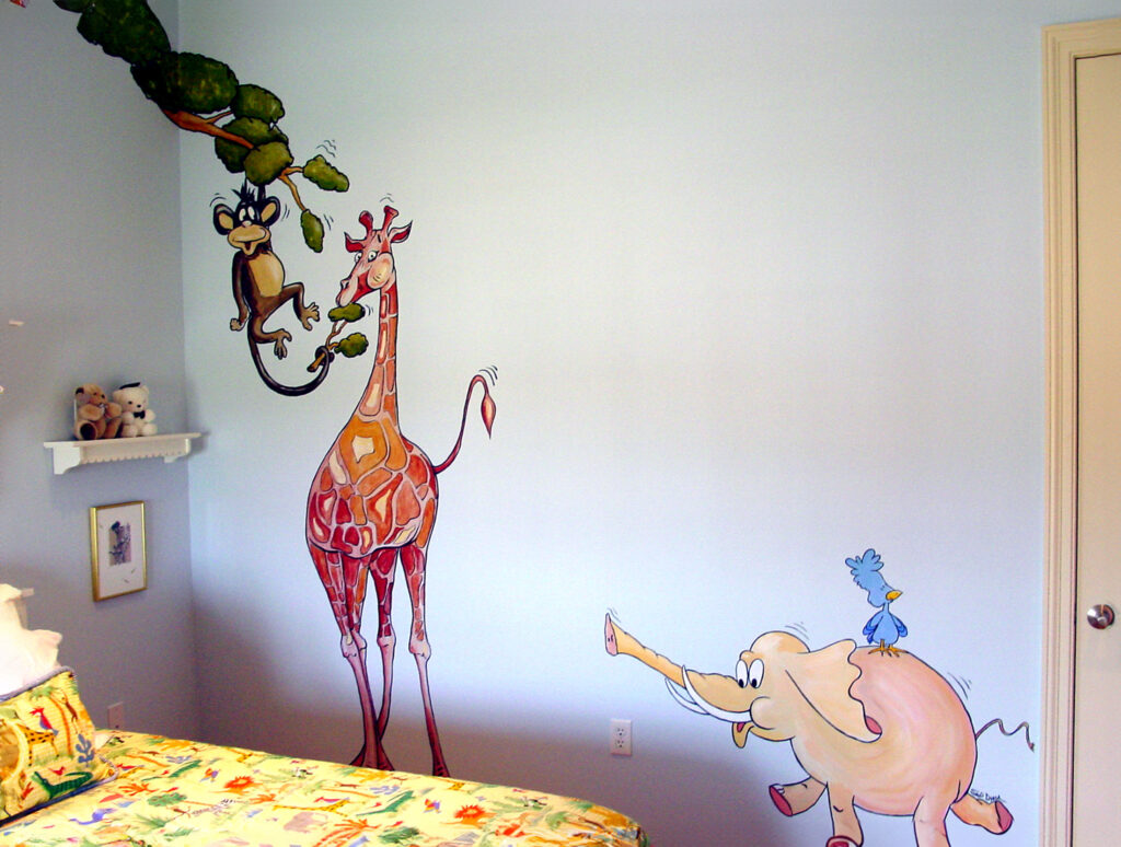 A Photo of a murals I painted in a child's bedroom. Cartoon style animals from Africa. Painted in the home of ESPN announcer Dick Vitale