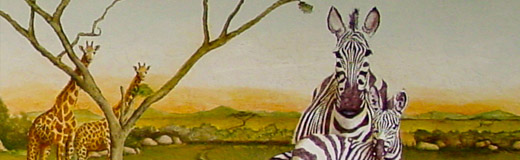 A detail of a photo of a mural I painted on an outside wall inside a customers lanai that depicts the African plains, with zebras, giraffes and a rooster