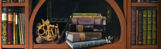 A detail photo of a hallway mural by Skip Dyrda, painted in a condo in LongBoat Key, FL, that depicts an old library