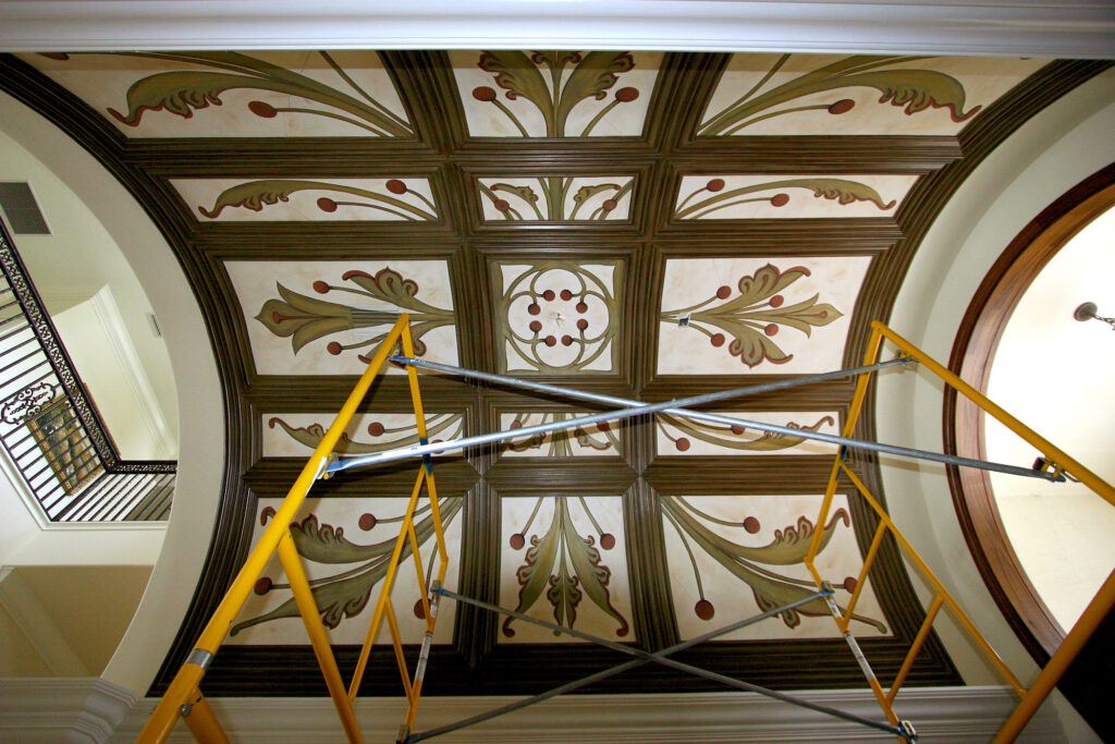 A photo of a mural painted for a barrel vaulted and coffered ceiling in Sarasota, FL