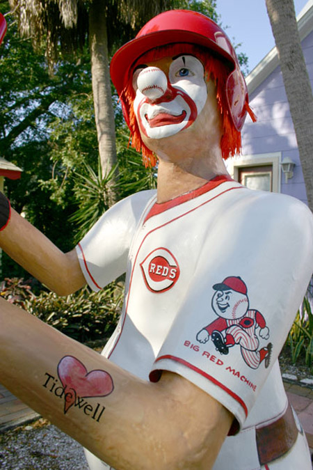 A photo of a fiberglass and resin clown sculpture that I altered and painted. Sponsored by the Cincinnati Reds