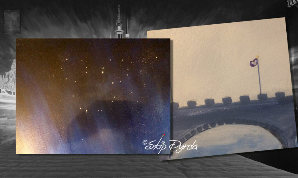 A photo of a mural I painted in a condo on Longboat Key, FL. The mural is a sort of fictional landscape of DisneyWorld. Two of the Hidden Mickeys