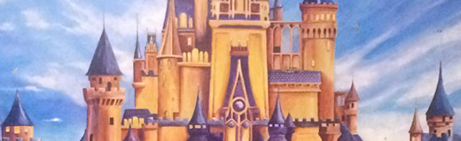 Detail photo of a mural by Skip Dyrda showing a fictional Disneyworld landscape