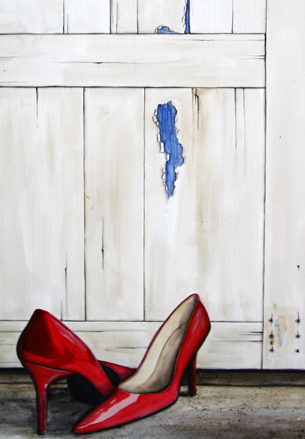 A detail photo of a Trompe L'oeil fireplace screen that I painted showing the old white wood shutters, with peeling paint and a paint of red high heals in front