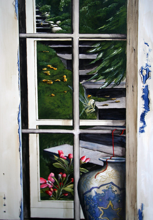 A detail photo of a Trompe L'oeil fireplace screen that I painted showing the old window with a view of the forest path