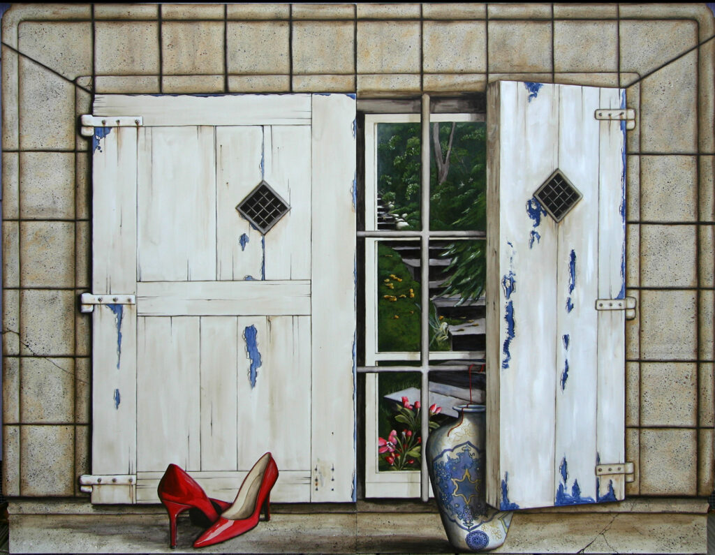 A photo of a fireplace screen I painted that depicts open wood shutters that reveal a window and the forest scene outside.