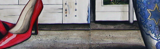 Detail photo of a Trompe L'oeil fantasy fireplace screen I painted for a local designer