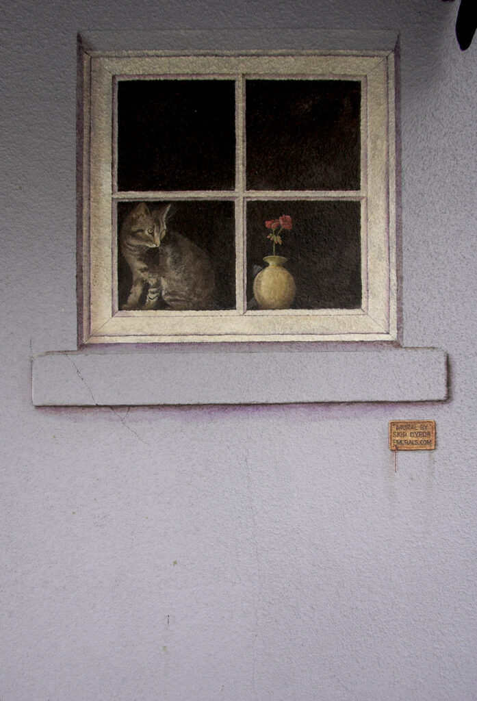 Photo of a mural I painted on an exterior stucco wall in Sarasota, FL. I painted images of two balck doors with lace curtains and black shutters