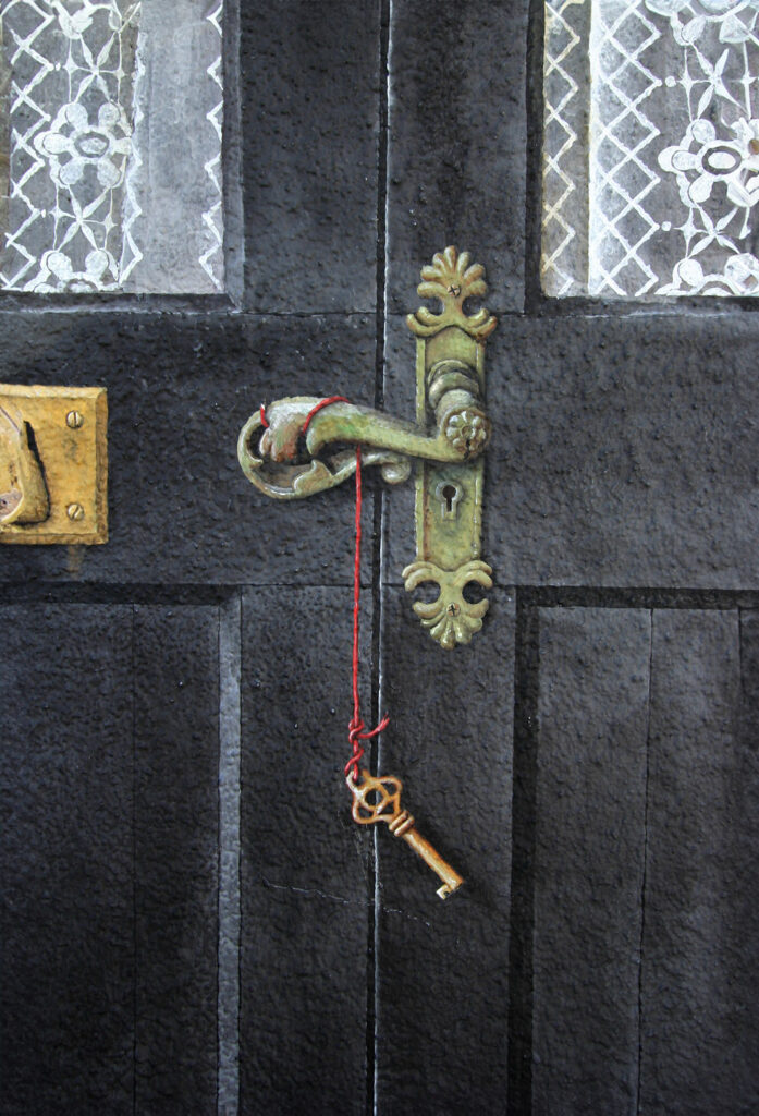 Photo of a mural I painted on an exterior stucco wall in Sarasota, FL. I painted images of two balck doors with lace curtains and black shutters