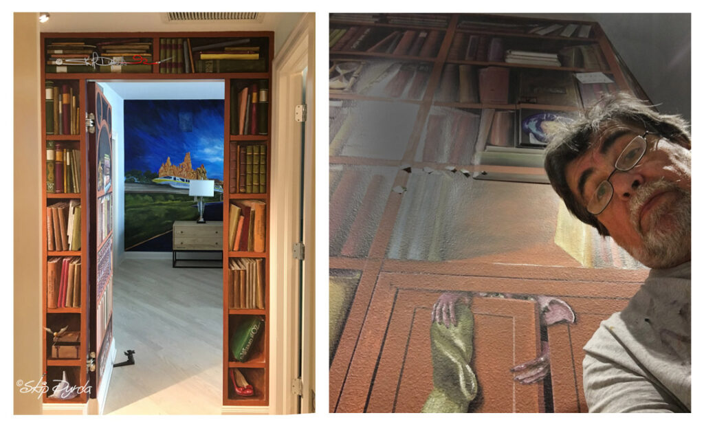 Two photos. The left one shows the open 'secret door' and another mural I painted. The right one is a selfie of me in front of the partially completed mural.