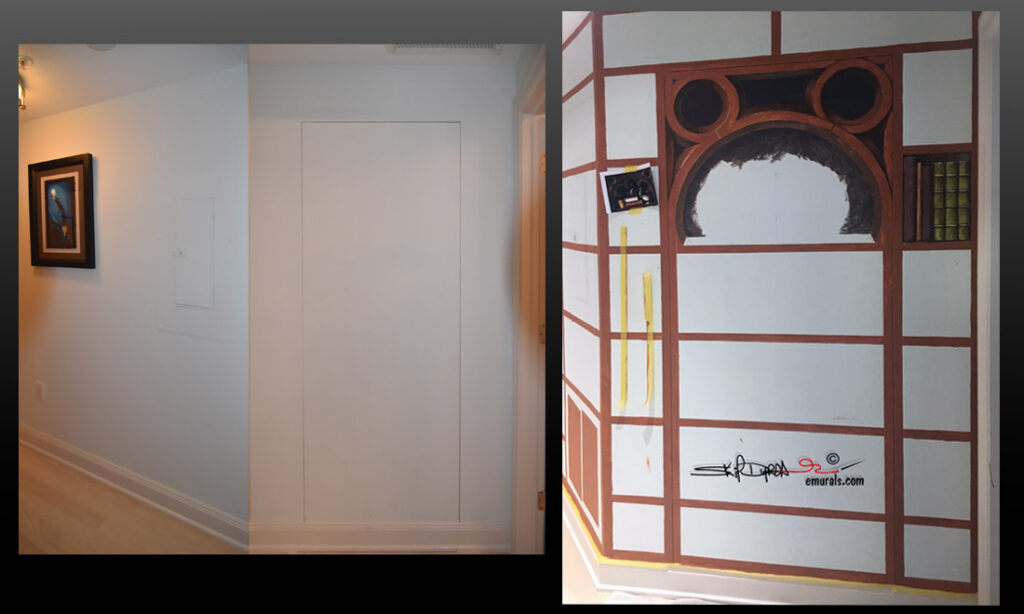 Two photos of the library mural. First is the blank wall before I started. Second is shortly after I started.