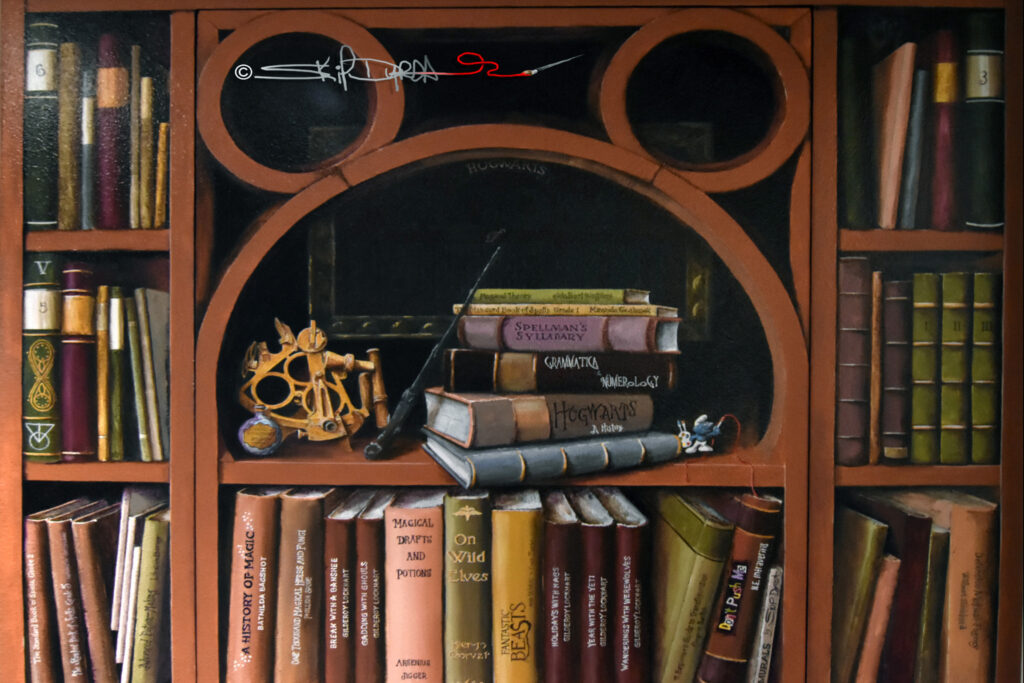A detail photo of a Fantasy Library that I painted on one wall of a very narrow hallway in a condo on Longboat Key, FL