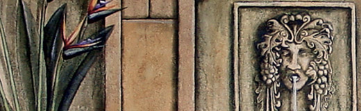 A detail photo of a mural I painted on a Sarasota, Florida lanai that shows three carved niches. Two with planters and one is a fountain.
