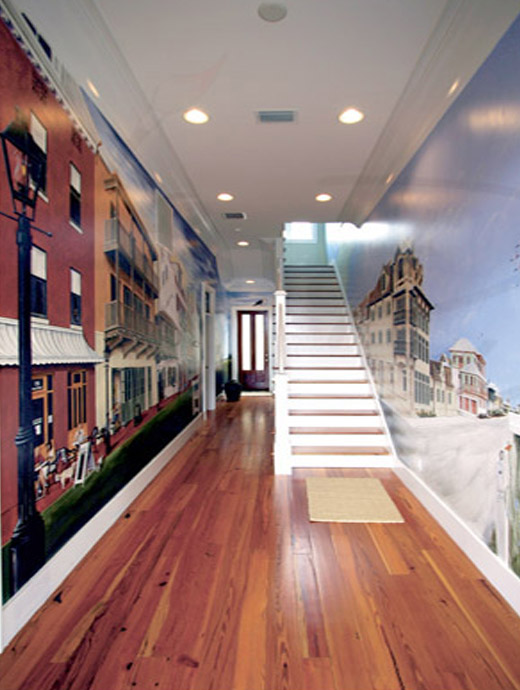 A Photo of 2 murals painted by Skip Dyrda in the 1st floor hall of a house in Rosemary Beach, FL