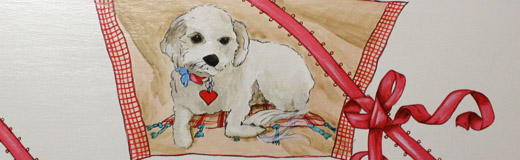 Detail of a child's desk that I painted showing an image of her puppy.
