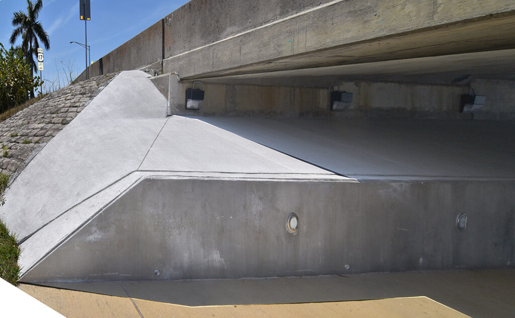 A photo of a potion of a mural I painted under a bridge in Punta Gorda, FL that depicts a series of portholes set into what appears to be old wood. Through each porthole can be seen different species of fish. Before photo