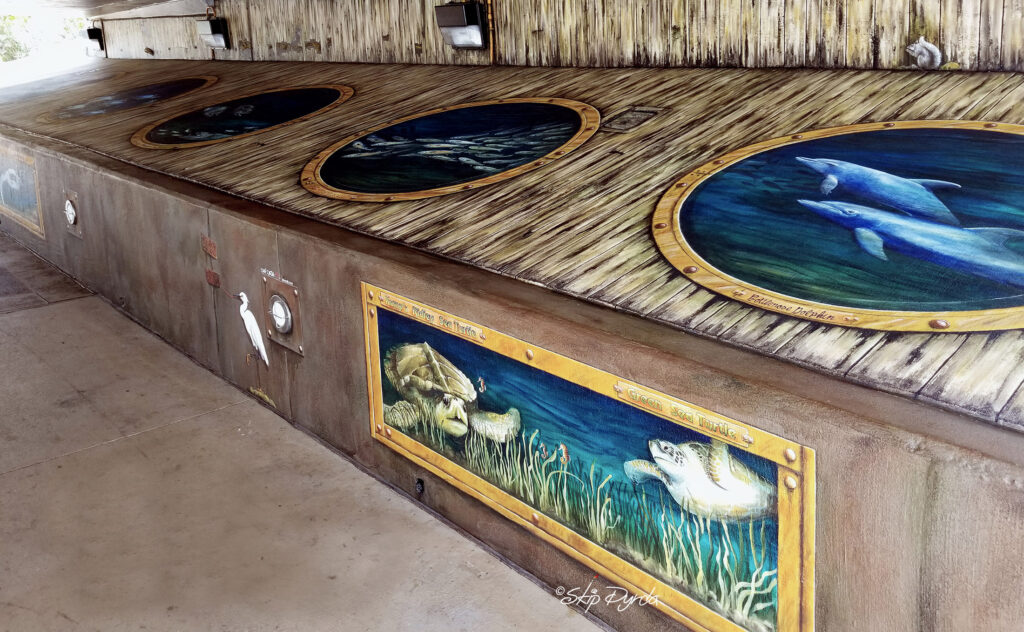 A photo of a potion of a mural I painted under a bridge in Punta Gorda, FL that depicts a series of portholes set into what appears to be old wood. Through each porthole can be seen different species of fish.