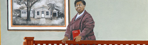 A detail photo of a mural, painted in Punta Gorda, FL, by Skip Dyrda. It depicts 7 ladies instrumental the history of Punta Gorda