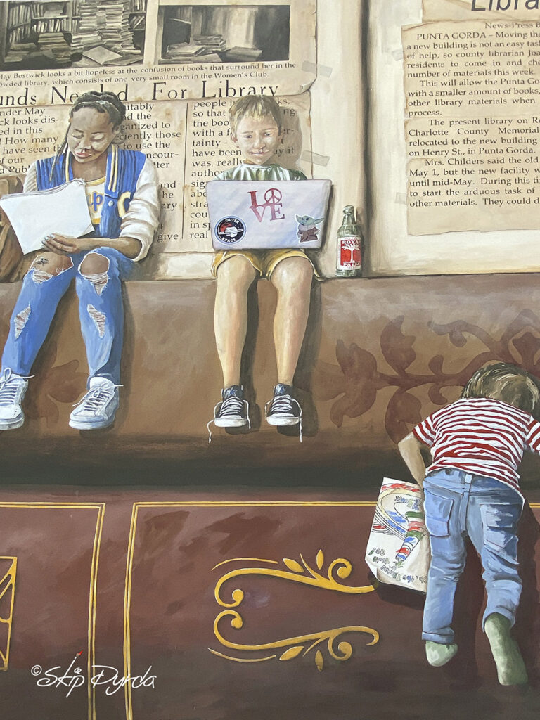 Photo of a mural I painted on a library in Punta Gorda, FL that showcases the history of the libraries system in PG