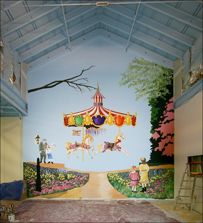 A photo of a 21 x 25 foot mural of an old merry-go-round we painted in Monroe, CT