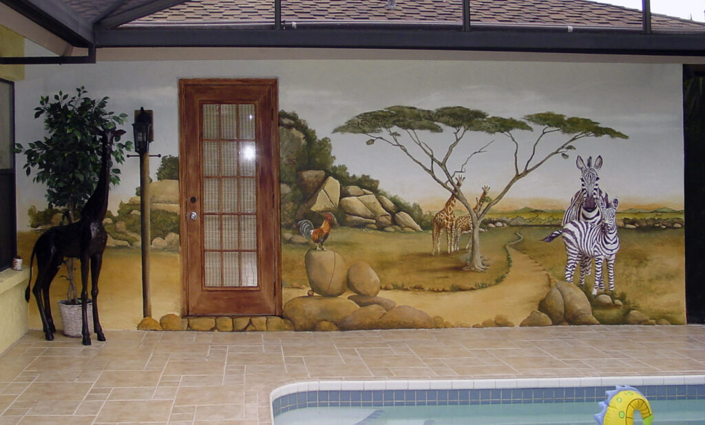 Photo of a pool-side mural I painted in Sarasota, FL to look similar to the Serengeti Plains