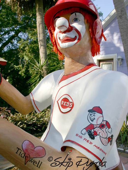 A detail photo of a clown sculpture, altered and painted for the Cincinnati Reds by Skip Dyrda