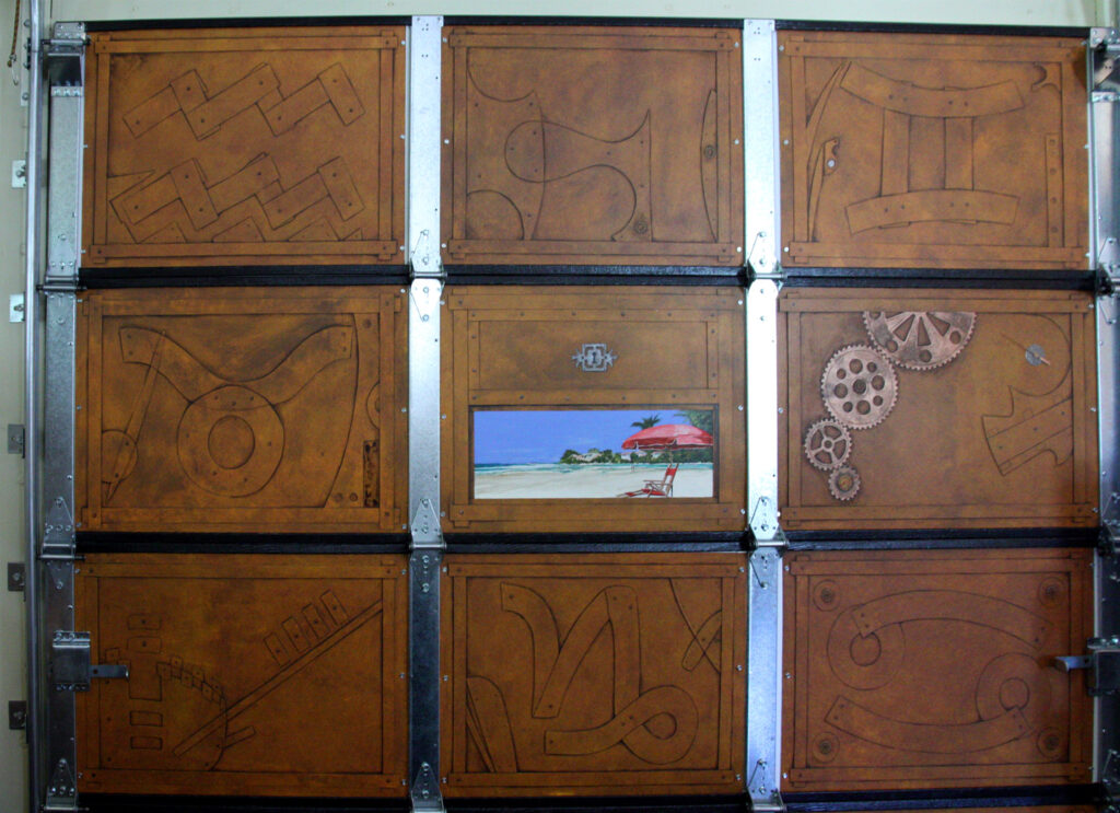 A photo of just one section of a two car garage that I transformed into a Steampunk Man-cave