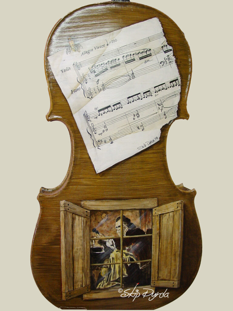 A photo of a violin that I painted for the Florida West Coast Symphony. Back side