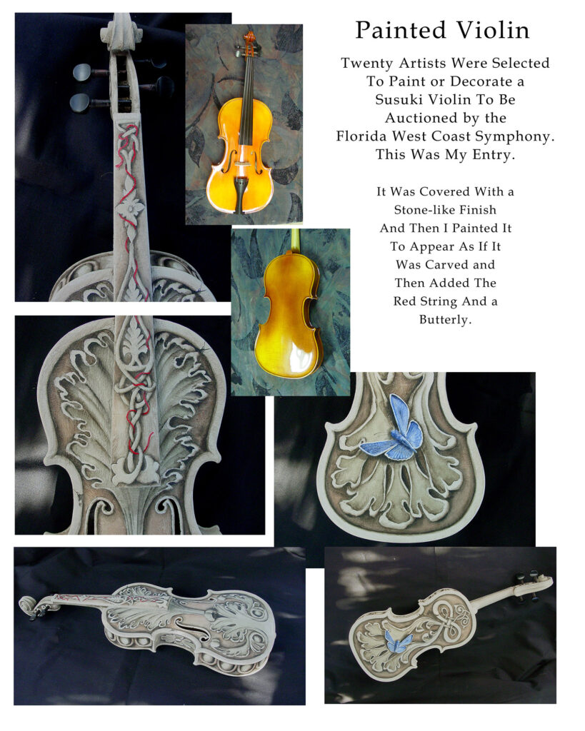A photo collage of the second violin that I painted for the Florida West Coast Symphony