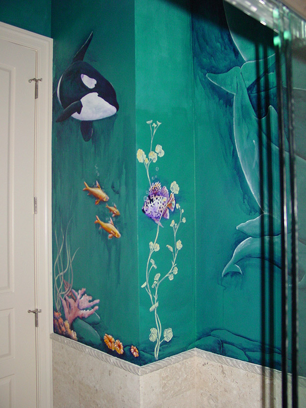 Photo of an underwater scene mural I painted on 3 walls inside of the pool powder room in DIck Vitales house.