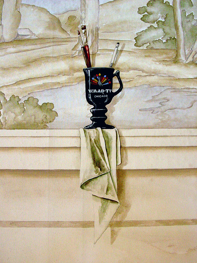 Photo of a large canvas mural I painted for a home in Lakewood Ranch, FL that was patterned after 17th century scenic wallapaper.