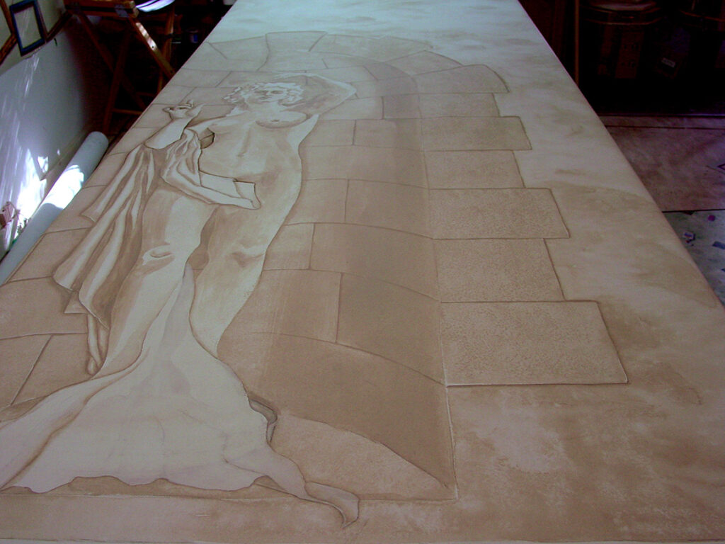 Photo of a large canvas mural I painted for a home in Lakewood Ranch, FL that was patterned after 17th century scenic wallapaper.