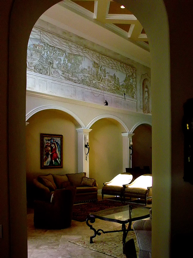 Photo of a large canvas mural I painted for a home in Lakewood Ranch, FL that was patterned after 17th century scenic wallapaper.