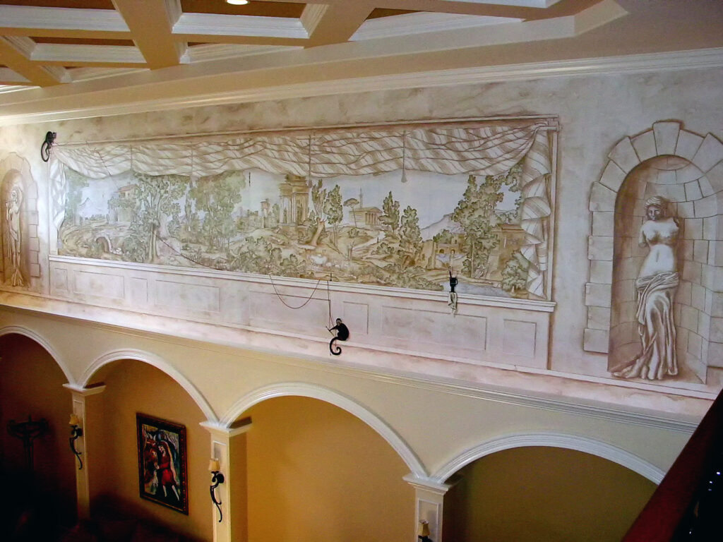 Photo of a large canvas mural I painted for a home in Lakewood Ranch, FL that was patterned after 17th century scenic wallapaper.