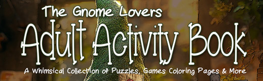 Book cover detail. A book called The Gnome Lovers Adult Activity Book, by Skip Dyrda