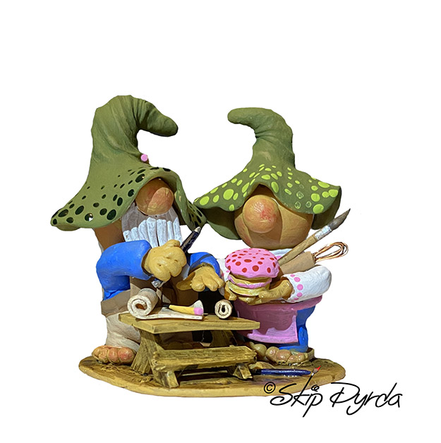 A photo of gnome figurines that I made with plastic clay and then painted