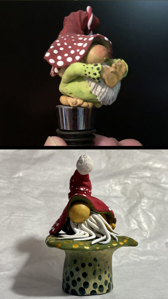 A photo of gnome figurines that I made with plastic clay and then painted