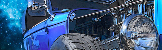 A detail of a photo of a hot rod