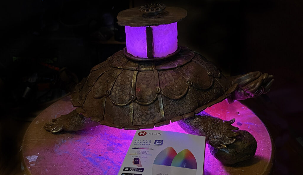 A photo of a table lamp that looks like a steampunk inspired turtle