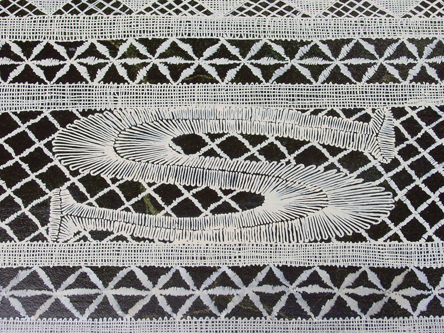 A photo of a coffee table that I painted that has a tortoise shell finish and a lace table runner and Broadway tickets, painted in the Trompe L'oeil style.