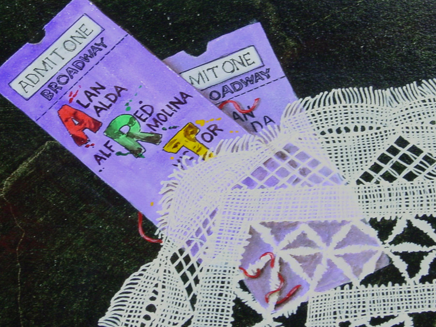 A photo of a coffee table that I painted that has a tortoise shell finish and a lace table runner and Broadway tickets, painted in the Trompe L'oeil style.