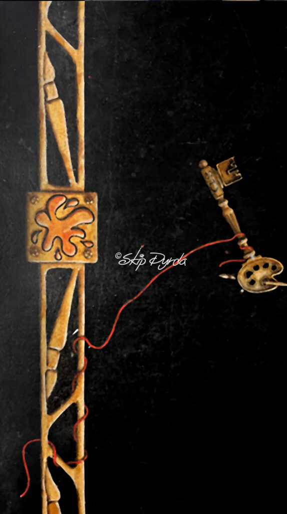 A detail photo of a dining room table I made. This shows some Trompe L'oeil elements...a Picasso poster and paint brush with splattered paint